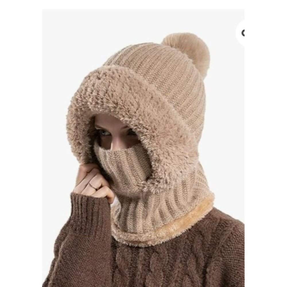 Women's Khaki Knit Hat Winter Scarf Mask Set Snow Caps Plush Earmuff Skull Hats